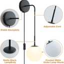 KUZZULL Wall Sconces Set of Two Plug in Wall Sconces Matte Black Wall Lamp with Plug in Cord and Switch Hanging Indoor Wall Mounted Lights with Globe Glass Shade Plug in Sconces Wall Decor Set of 2