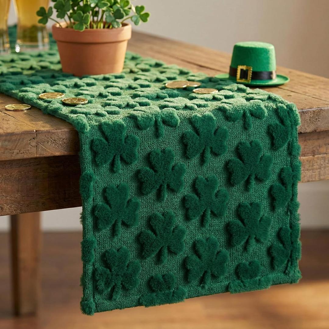 Macarrie St. Patrick's Day Table Runner Green Soft Plush Faux Fur Jacquard Shamrock Tabletop Runner 13 x 71 Inch Clover Seasonal Holiday Kitchen Dining for Home Indoor Mantel Party Decoration