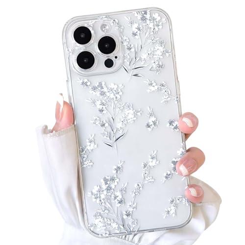 NITITOP Compatible with iPhone 16 Pro Case Cute Clear White Flower Floral Artistic Design for Women Girls Stylish Slim Soft TPU Shockproof Protective Girly Phone Cover - White