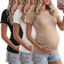 3 Pack Women's Maternity Ribbed Shirts Cotton Short Sleeve Pregnancy Tops Boat Neck Lettuce Trim Mama Clothes L