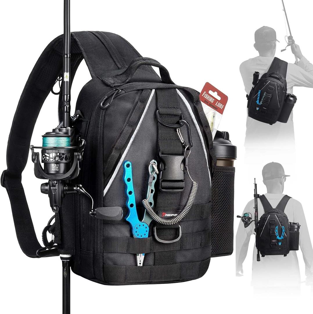 Piscifun Fishing Backpack with Rod Holder, Lightweight Sling Bag Storge Gear and Equipment (Black)