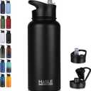 HASLE OUTFITTERS 32 oz Insulated Water Bottle Stainless Steel Double Walled Vacuum Sports Water Bottle with 2 Lids (Straw and Spout Lid) for Gym Camping Hiking(Black,1)