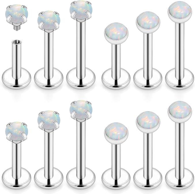 16G Internal Thread Flat Back Earrings Nose Studs 316L Surgical Steel Medusa Labret Monroe Lip Ring Tragus Forward Helix Conch Cartilage Lobe Earrings Stud Piercing Jewelry For Women Men Opal 12 PCS 16G-6MM/8MM/10MM Bar-2MM Opal