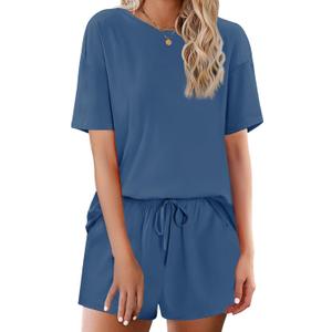 Ekouaer Cotton Pajamas Set for Womens Soft Short Sleeve Lounge Set Shorts Sleepwear Set 2 Piece Pjs Sets (Medium, Navy Blue)