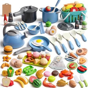 130Pcs Kitchen Playset, Toddler Pretend Cooking Play Pots, Pans, Utensils Cookware, Daily Food Fruit Veges, Shopping Storage Basket, Dessert, Prop Money, Learning Gift for Child (Blue)