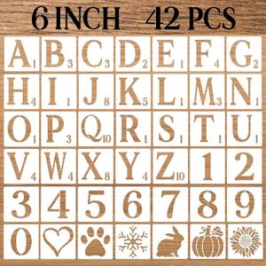 6 Inch Letter Stencils Numbers Craft Stencils, 42 Pcs Reusable Plastic Alphabet Drawing Templates for Painting on Wood, Wall, Fabric, Rock, Signage, Door Porch, DIY Art Projects