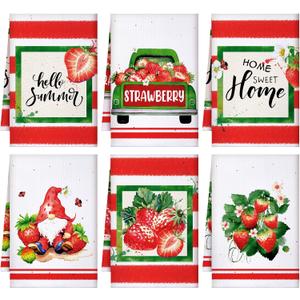 Sratte 6 Pcs Summer Kitchen Towels 24 x 16 Inch Farmhouse Strawberry Hand Bath Dishtowels Absorbent Summer Tea Towel for Holiday Kitchen Bathroom Strawberry Party Decor Gifts (Red)