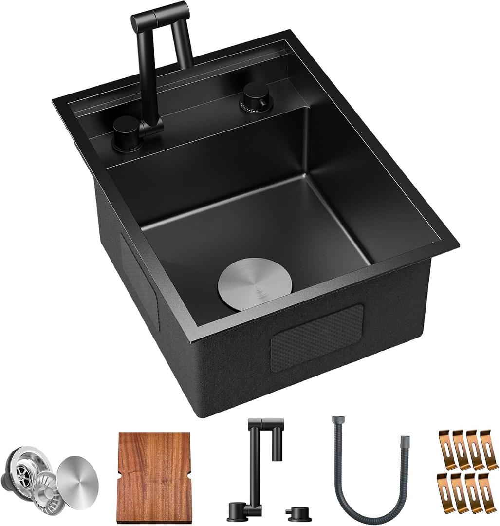 TORVA RV Kitchen Sink, 16 x 21 x 9 Inch Undermount Bar Sink 16 Gauge Stainless Steel Single Bowl Sink with Faucet Cutting Board, Dark Grey