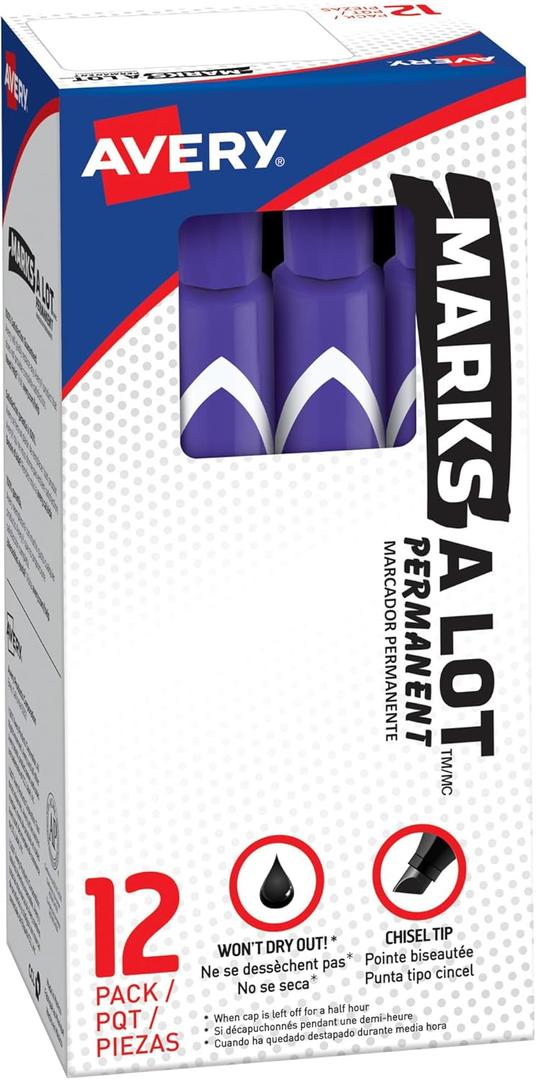 Avery Marks A Lot Permanent Markers, Large Desk-Style Size, Chisel Tip, Water and Wear Resistant, 12 Purple Markers (08884)