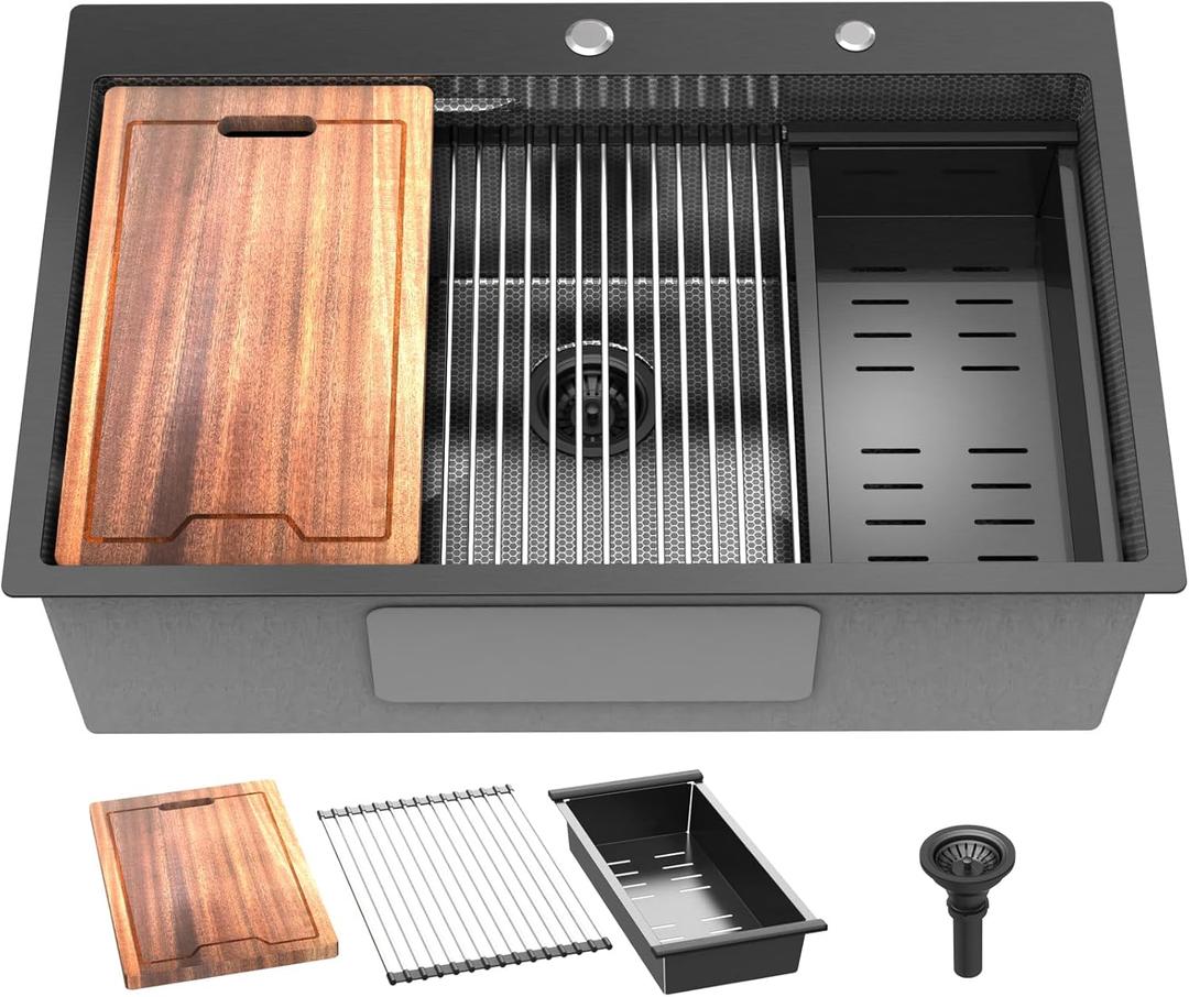 33inch Drop In Kitchen Sink Metal Black - Feibus 33x22x10 Sink with Double Step Workstation 16 Gauge Honeycomb Embossment Stainless Steel Single Bowl