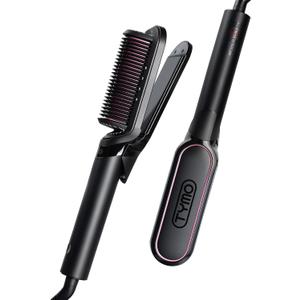 TYMO Flat Iron Hair Straightener Brush 2 in 1, 200M Ions Hair Straighteners for Women, Ceramic Dual Voltage Straightening Hot Comb for Anti-Frizz Straights, Waves, Curls, 3X Less Heat Damage, Black