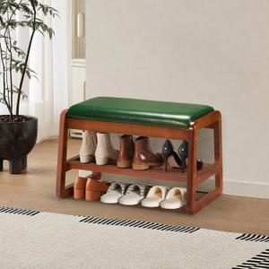 HABUTWAY Solid Wood Shoe Rack, Entryway Shoe Bench with Cushion, 2 Tier Shoes Organizer for Entryway, Hallway, Living Room-(Green,21.65"-S)