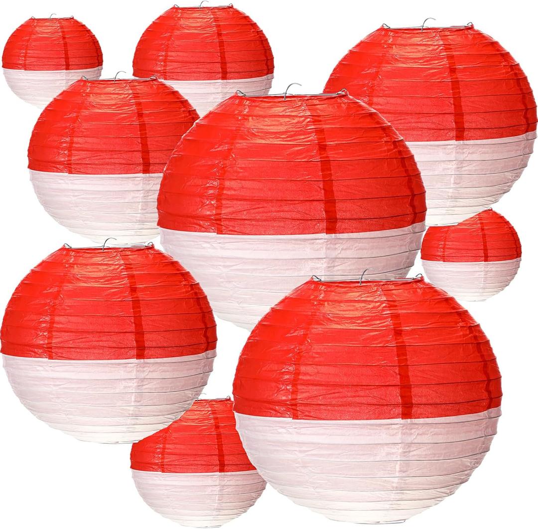 Honoson 9 Pcs Paper Lanterns Decorative Hanging Round Paper Lanterns 8" 10" 12" Red and White Ball Lamps for Birthday Theme Party