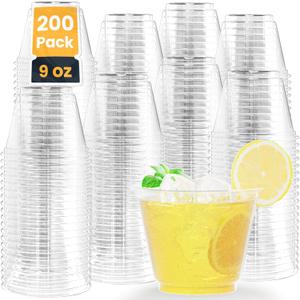 9 oz Clear Disposable Cups, 200 Pack Clear Plastic Cups, Bulk Heavy-Duty Fruit Punch Cups, Party Supplies for Cold Beverages, Cocktails, Smoothies and Desserts