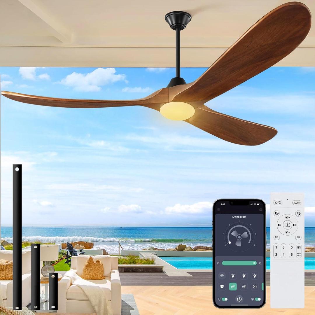 60 inch Outdoor Ceiling Fan with Light-Glass Lamp, 3 blade Wood Propeller Ceiling Fans with Lights and Remote Control for Patios, Exterior Damp Rated High CFM Ceiling Fans Modern Smart APP, Walnut