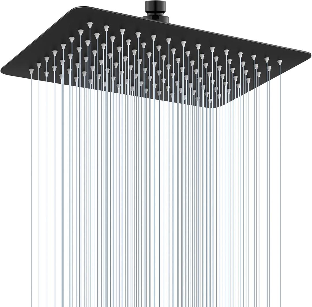 KINLIV 12 * 8 Inch Rectangle Rain Shower Head Black, All Metal Stainless Steel 304, Full Body Rainfall Shower with 112 Silicone Nozzles, High Flow Waterfall Showerheads
