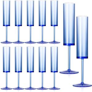 12 PCS Sapphire Blue Plastic Champagne Flutes 5.4 OZ Clear Acrylic Champagne Flutes Sparkling Wine Glasses Long Stem Crystal Champagne Glasses For Wedding Baby Shower Anniversary Party