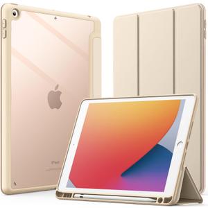 JETech Case for iPad 10.2-Inch (9th/8th/7th Generation, 2021/2020/2019) with Pencil Holder, Clear Transparent Back Shell Slim Stand Shockproof Tablet Cover, Auto Wake/Sleep (Beige)