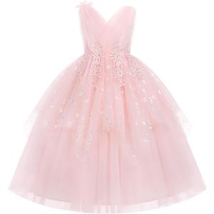 Flower Girl Formal Wedding Dress Sparkly Butterfly Junior Bridesmaid Pageant Outfit Princess First Communion Prom Gown (9-10 Years, Pink)