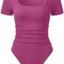 OQQ Women Bodysuits Ruched Short Sleeve Square Neck Stretch Lounge Travel Bodysuits, XL