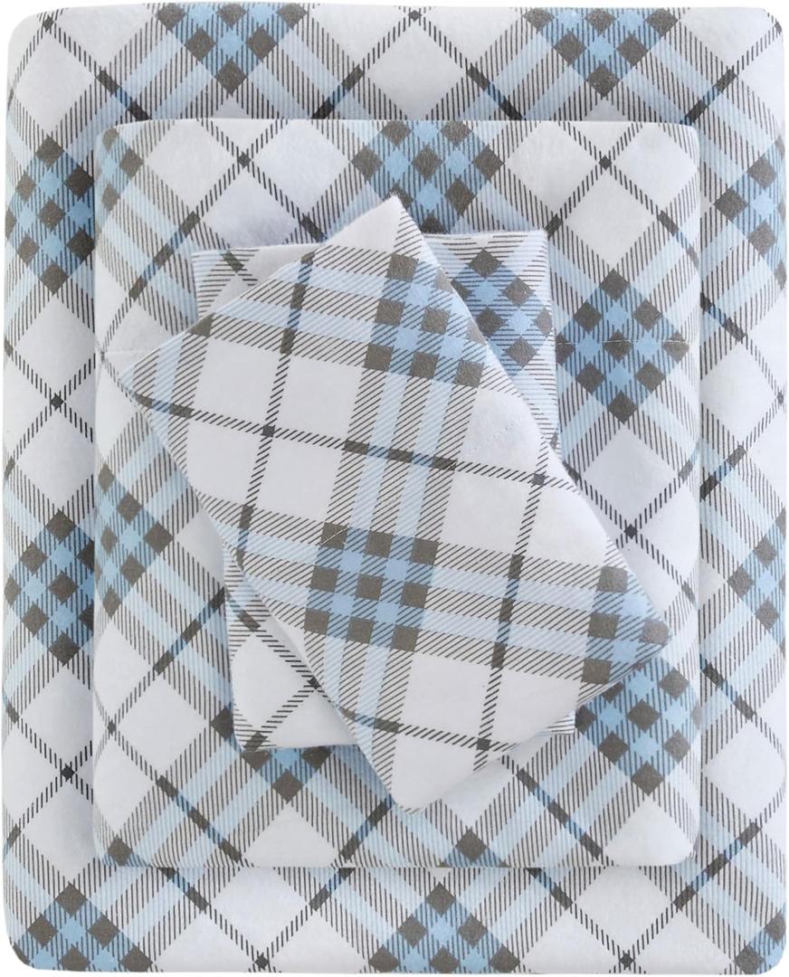 True North by Sleep Philosophy Cozy Flannel Warm 100% Cotton Sheet - Novelty Print Animals Stars Cute Ultra Soft Cold Weather Bedding Set, Twin XL, Blue Plaid 3 Piece
