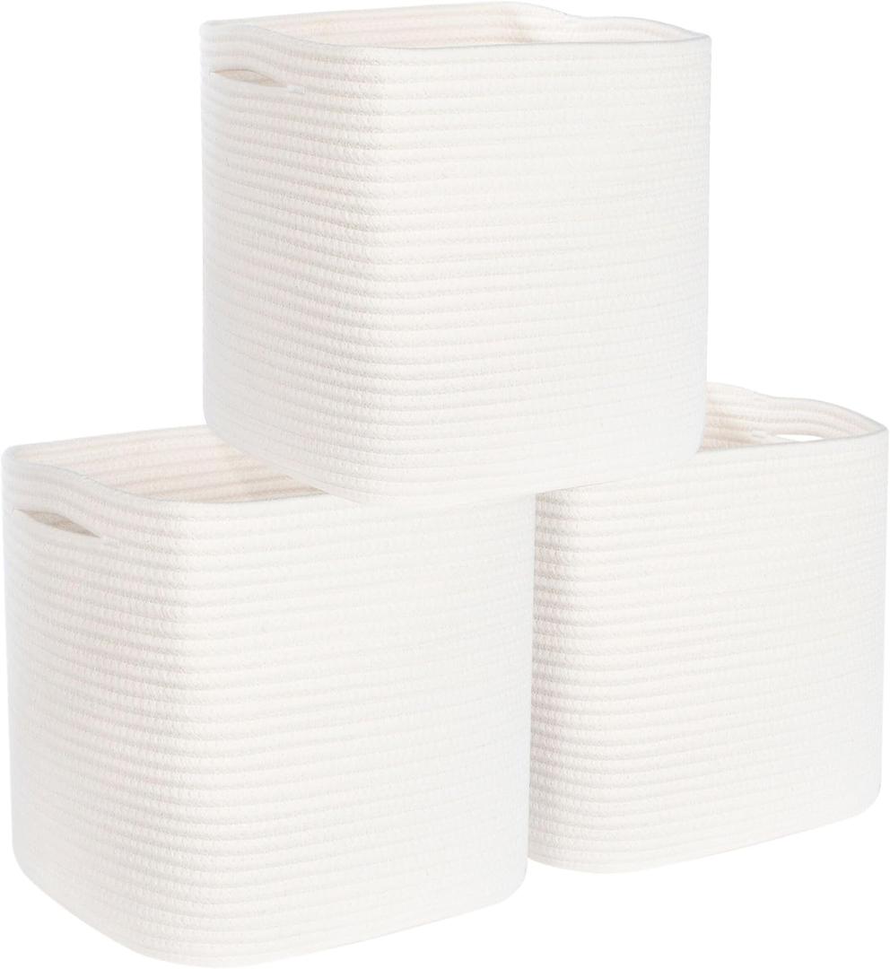 MINTWOOD Design 3-Pack 11x11in Woven Cube Storage Bin and Shelf Baskets, Cute Decorative Square Organizer for Closet, Classroom, Bathroom, Dog and Cat Toys, and Books, Creamy White