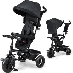 INFANS Kids Tricycle, 6 in 1 Baby Trike Toddler Bike with Reversible Seat, Adjustable Push Handle, Control Direction, Removable Canopy, Safety Harness, Belt, Storage, 9-60 Months (Black) (37 x 19.5 x 43)