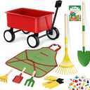Qtioucp Kids Gardening Wheelbarrow Set, Metal & Wooden Garden Tools for Kids Ages 3-8, Real Wheelbarrows with Apron, Gloves & STEM Guide, Outdoor Backyard Garden Toy Gift