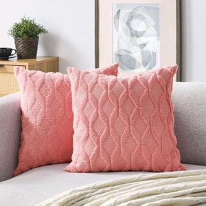 Volcanics Pack of 1 Faux Wool Throw Pillow Covers 18x18 Inches Decorative Farmhouse Velvet Couch Pillow Case Soft Plush Square Boho Cushion Pillowcase, Coral Red