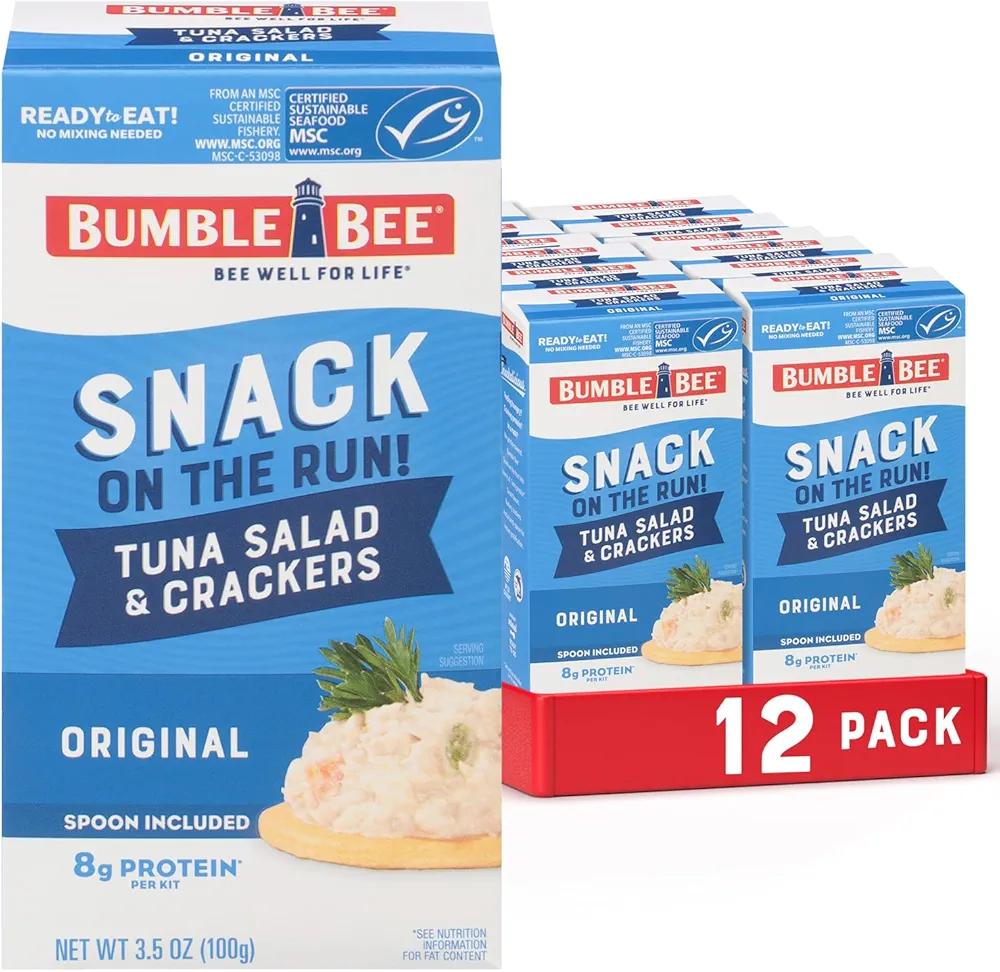 Bumble Bee Snack On The Run Original Tuna Salad with Crackers Kit (Pack of 12) - Ready to Eat Protein Snack Pack - 8g Protein per Box - Wild Caught MSC Certified Tuna, Best By 12/25
