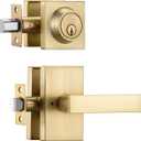 Satin Brass Exterior Door Lock Set, Front Door Handle with Deadbolt, Heavy Duty Entry Door Handleset