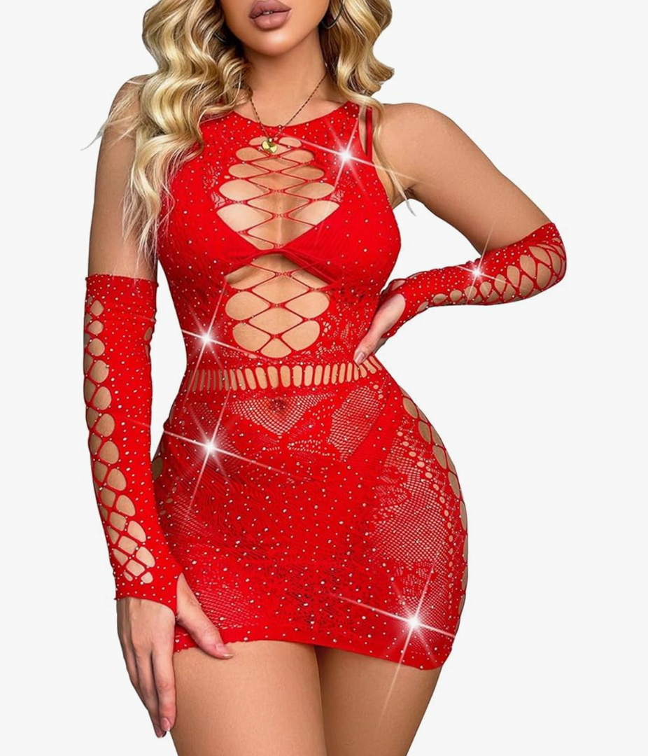 Sexy Lingerie For Women Naughty Rhinestone Sparkle Fishnet Lingerie Set Teddy Erotic Mesh Rave Outfit