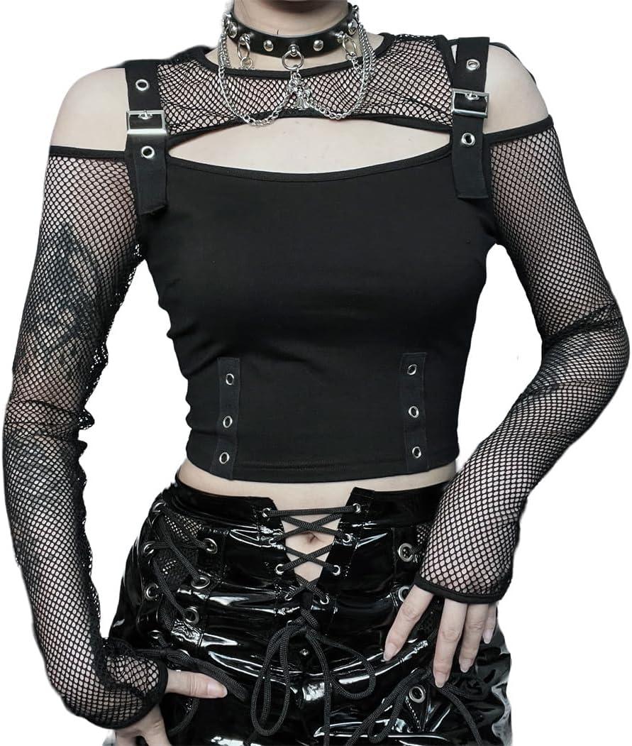 Goth Crop Top for Women Aesthetic Emo Shirts Casual Tops for Women Long Sleeve Punk (Black) Large