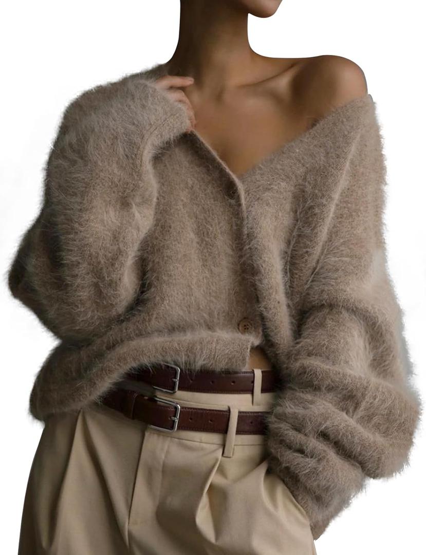 COZYPOIN Womens Fuzzy Mohair Cardigan Open Front Button Down V Neck Long Sleeve Sweater Slouchy Drop Shoulder Knit Coat (M, Khaki)