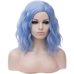 BUFASHION 14" Women Short Light Blue Wavy Curly Bob Wig Heat Resistant Synthetic Wig Halloween Cosplay Daily Party Wigs Include Wig Cap (Light Blue)