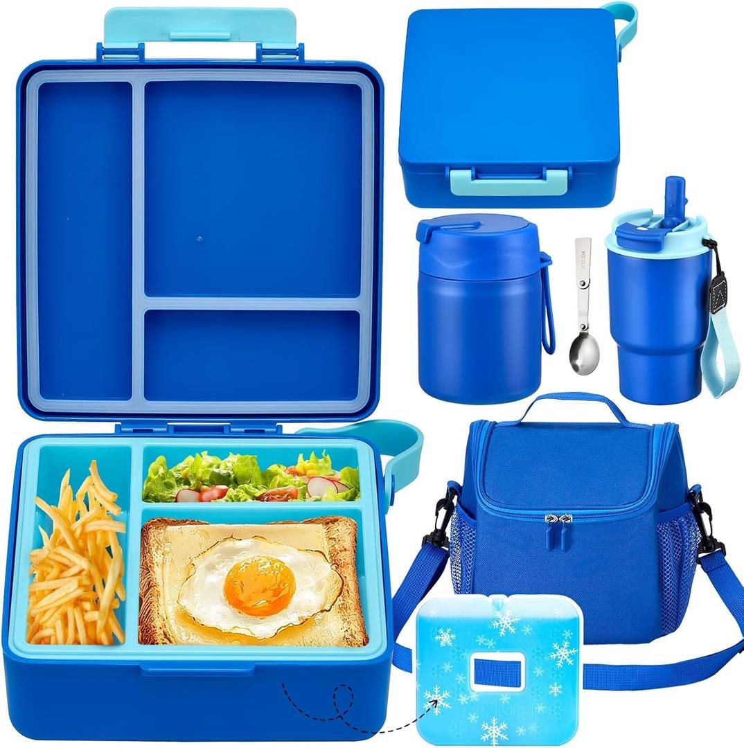 Lunch Box Set with Bento Box Container, 17OZ Stainless Steel Food Soup Thermo, Kids Water Bottle & Portable Insulated Lunch Bag Leakproof, Hot/Cold Retention for School, Travel(Blue)
