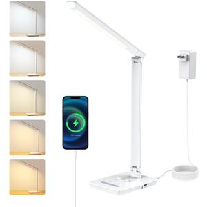 UK Plug Adapter Desk Lamp for 9 Level Brightness Touch Control & 5 Lighting Modes, 14W 900LM Dimmable Eye-Caring Reading LED Desk Light with USB Charging Port, Dimmable Home Office Desk Light