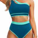 Tempt Me Women One Shoulder High Waisted Bikini Color Block Two Piece Swimsuits Cutout 2 Piece Bathing Suit (Small, Teal Green)