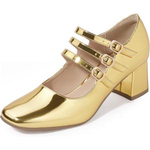 IDIFU IN2 Mary Jane Shoes Women's Pumps Dress Shoes for Women Block Chunky Low Short Square Closed Toe Thick Heels Wedding Work Prom Bride Lady Flight Attendant Comfortable Cute Vintage Pumps Shoes (5, Gold Patent)