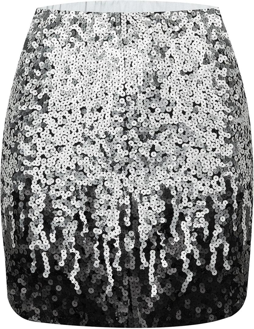 Women's Sequin Skirt Sparkly Glitter High Waist Bodycon Mini Skirt for Party Club Night Out Cocktail (Large, Big Silver Black)