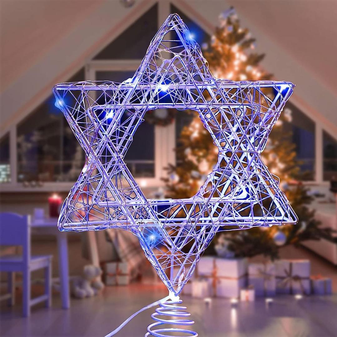 11 Inch Christmas Tree Star Topper 3AA Battery Powered Lighted, Silver Iron Christmas Tree Star Topper with 20LED Lights, Party & Home(Blue Light)