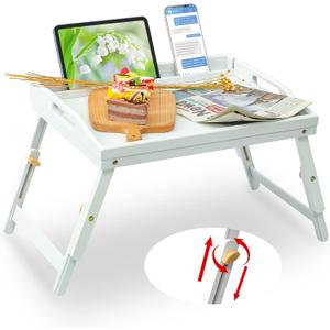 Bed Tray Table for Eating - Bamboo Breakfast Food Table with Phone Tablet Holder - Adjustable Height White Serving Tray with Folding Legs on Lap Sofa - Portable Laptop Snack Platter for Bedroom Picnic