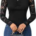 WDIRARA Women's Fall Lace Long Sleeve Tops Trendy Slim Fitted V Neck Knit Going Out Outfits Basic Sexy Tight T Shirts Small