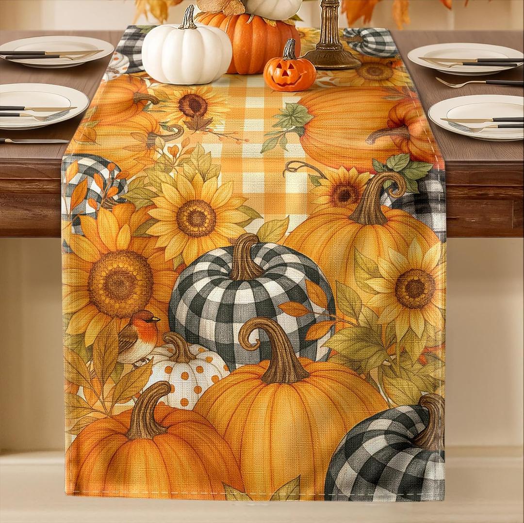Pumpkin Plaid Fall Table Runner - 13"72" Thanksgiving Table Runner with Sunflower for Fall Decor, Seasonal Harvest Autumn Thanksgiving Decorations for Home, Dining Room, Kitchen, Parties