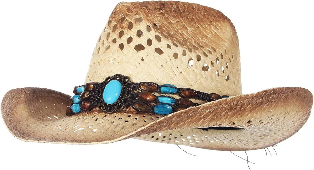 La Vogue Straw Cowboy Hat for Women Men Classic Roll up Brim Fedora Cowgirl Hat with Turquoise Belt (Yellow, M)