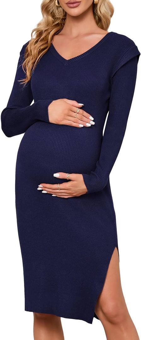 KOJOOIN Women's Maternity V Neck Sweater Dress Rib Knit Long Sleeve Bodycon Side Slit Midi Dress Fall Photoshoot Baby Shower