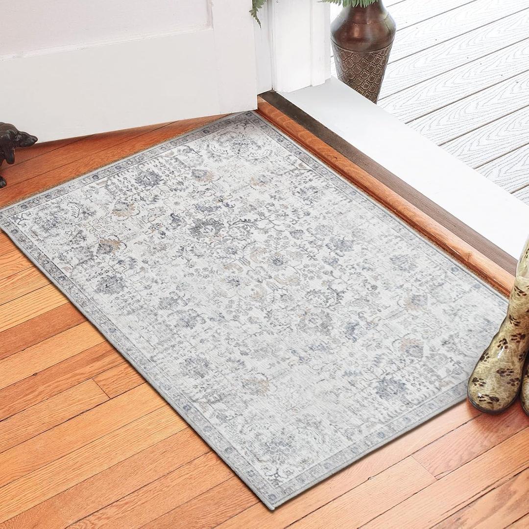 COLLACT 2x3 Washable Entryway Distressed Grey Floral Vintage Accent Non Slip Retro Farmhouse Boho Low Pile Small Rug for Entryway Kitchen Bathroom Doorway Bedroom