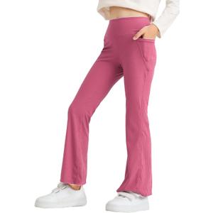 Deuerr Girls' Flare Leggings with Pockets Trendy Girls' Ribbed Knit Bell Bottoms High Waisted Yoga Pants Black for 4-12Years (5-6 Years, Rosered)