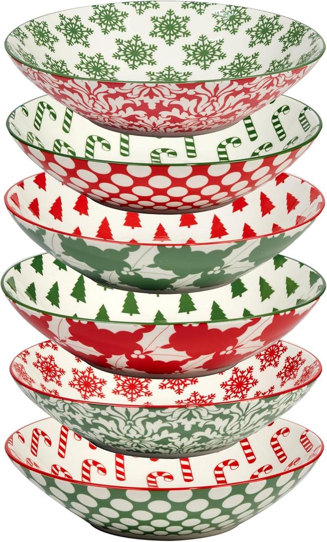 Winter Medley 40 oz Soup Bowls  Set of 6 Porcelain Holiday Bowls with Festive Assorted Designs  Large Christmas Serving Bowls for Soup, Pasta, Salads, and Entertaining