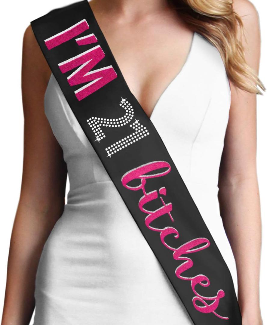 Pack of 4, 
21st Birthday Sash Black - Hot Pink Sparkle with Crystal Rhinestones "I'm 21 Bitches!" Premium Satin Sash - Black Sash(Im21Btch HP) BLK